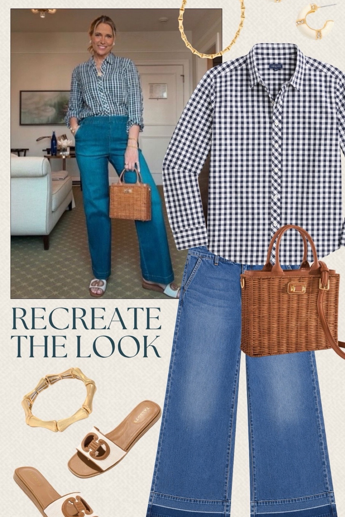 We paired this gingham button-up with classic denim jeans for a look that's easy to wear anywhere. The dark raffia accessories and white accents add a nice contrast and tie everything together. Perfect for a casual date night, lunch with friends, or a day of shopping.

#LTKMidsize #LTKdayinmylife #LTKOver40