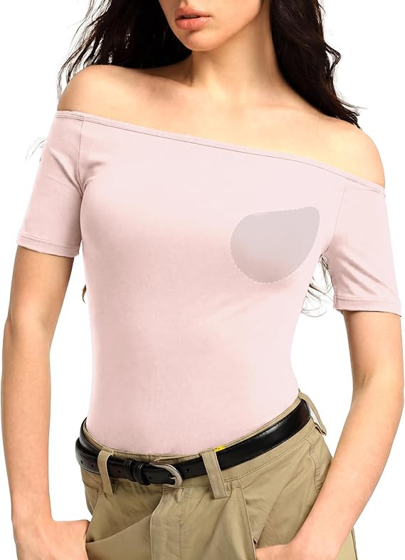 Off The Shoulder Tops for Women Built-in Bra Short Sleeve Shirts Seamless Stretch Summer Going Ou... | Amazon (US)