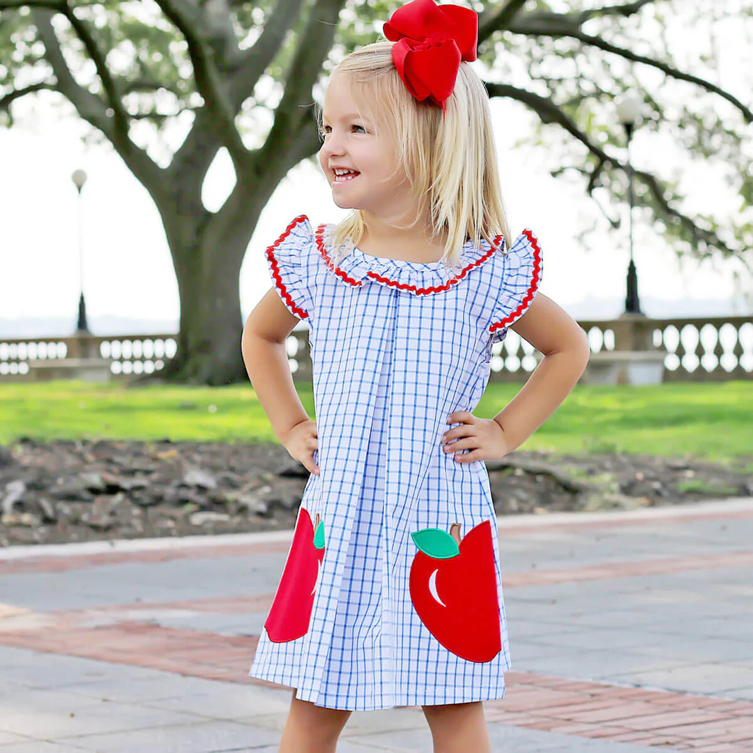 Blue Windowpane Apple Claire Dress | Classic Whimsy
