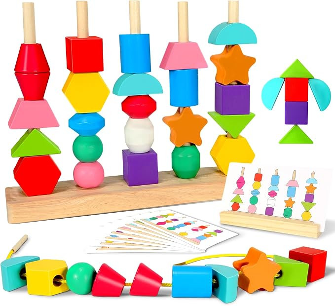 Montessori Toys for 2 3 4 Year Old Wooden Shape Matching Game & Lacing Beads Preschool Learning A... | Amazon (US)