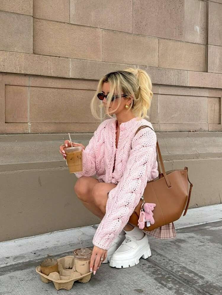 Women's Chunky Knit Cardigan, Short Length, Solid Color, Long Sleeve, Loose Fit, Suitable For Everyday Wear, Autumn Pink | SHEIN