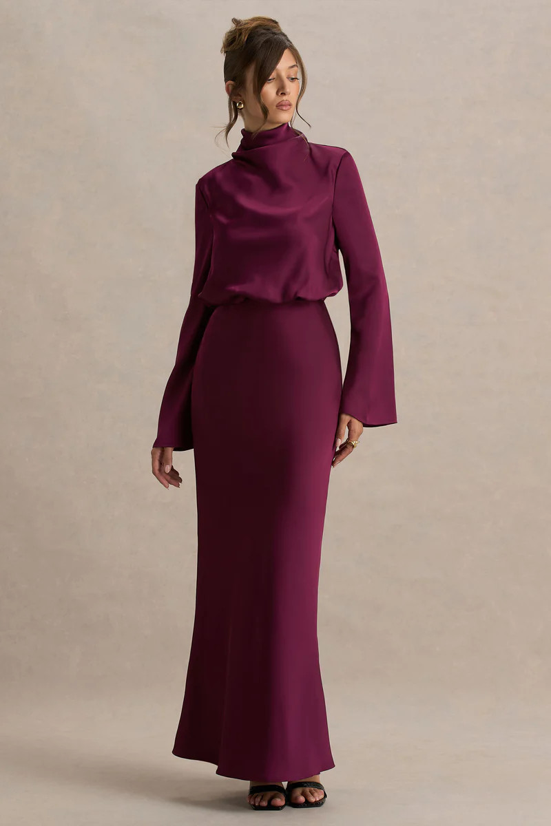 Celina  Burgundy Satin High-Neck Maxi Dress | Club L London