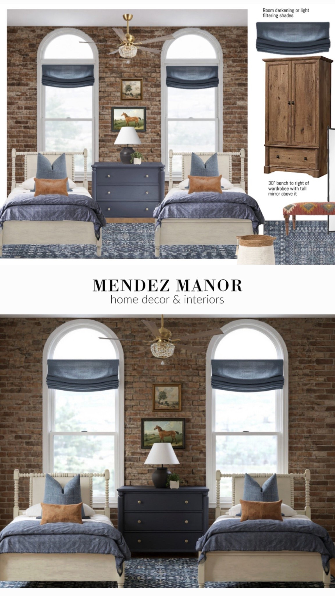 Bedroom refresh! 🙌🏻 My design snd the AI rendering. 

Love these twin beds and soft fold Roman shades. 

It’s been fun working on this guest bedroom refresh. Using twin beds, navy blue area rug and Roman shades from Two Pages. Love the 3 drawer dresser in the middle. 

Don’t forget to use code: mendezmanor for 24% off your Two Pages Curtains order! 

#LTKSaleAlert #LTKHome

#kids #bedroom #navyblue 

#LTKKids #LTKHome