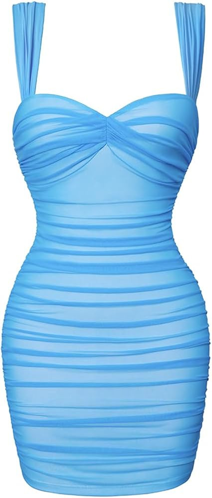 LAGSHIAN Women's Summer Sexy Bodycon Sleeveless Tank Straps Mesh Ruched Mini Party Dress | Amazon (US)