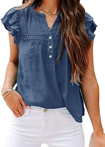 PRETTODAY Women's V Neck Lace Crochet Shirts Button Down Short Sleeve Casual Blouse Tops | Amazon (US)