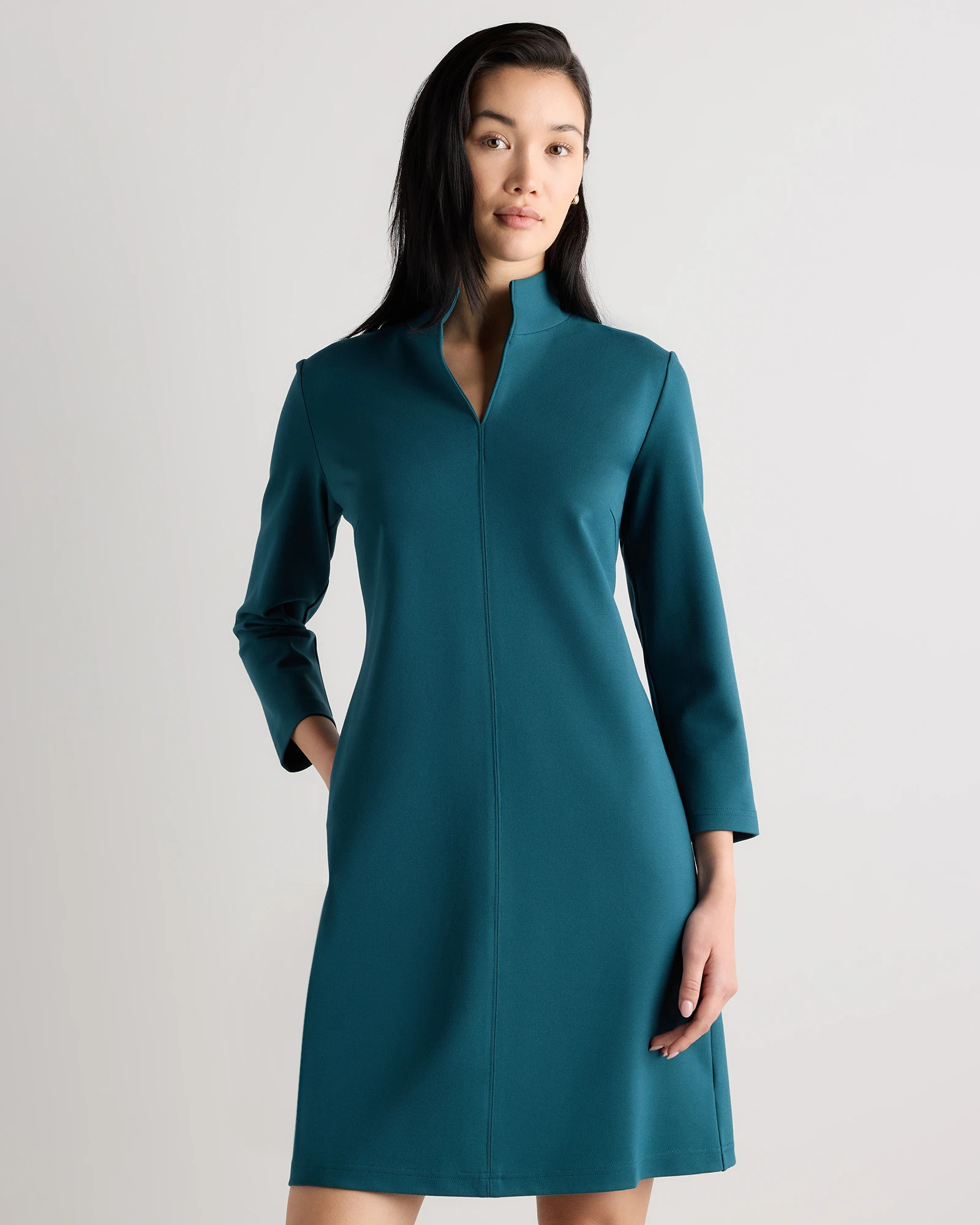 Quince | Women's Ultra-Stretch Ponte Split Neck Mini Dress in Navy, Size Large, Rayon | Quince