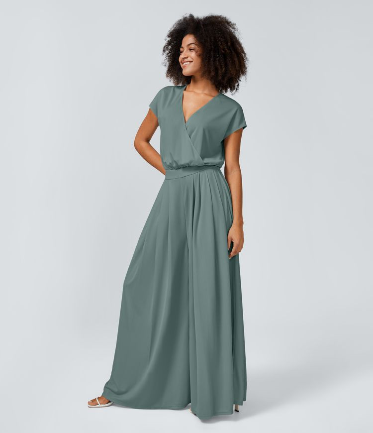 Women’s V Neck Short Sleeve Side Pocket Wide Leg Flowy Waffle Casual Jumpsuit - Halara | HALARA