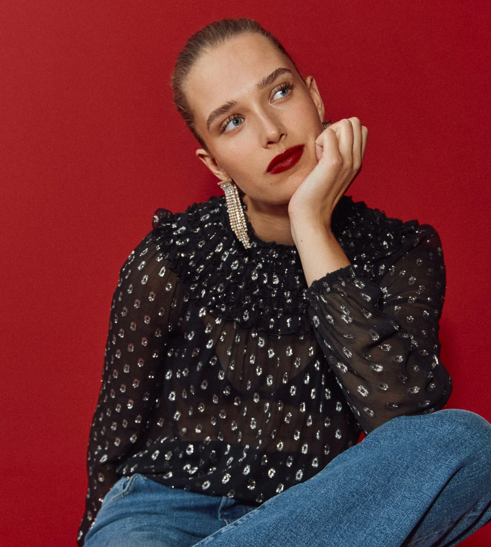 The ruffles, the sheerness, the glimmering print: Isodora is the easy style win to add to your sartorial arsenal this party season. Just add jeans and heels and you're all set. Holiday party top. 

 #LTKHoliday #LTKStyleTip #LTKWorkwear