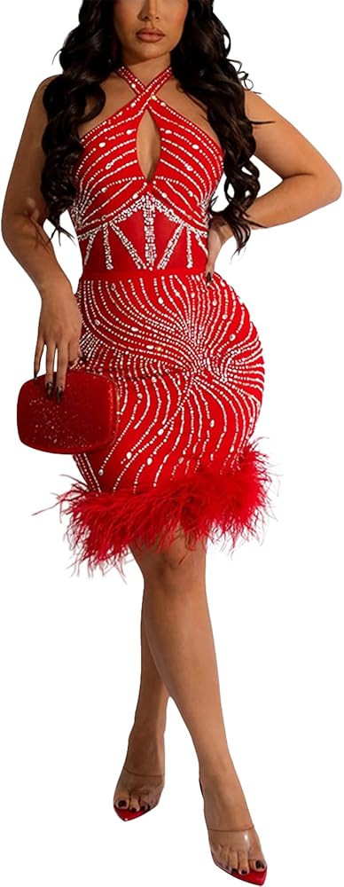 PORRCEY Women's Sexy Elegant Rhinestone Sleeveless Party Club Night Dresses Hot Drilling Clubwear | Amazon (US)