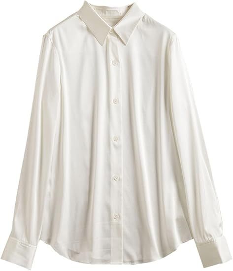 Woman Dress Shirts 95% Silk 5% Spandex Basic Solid Turn Down Collar Blouse Shirt 2022 Spring Top | Amazon (US)