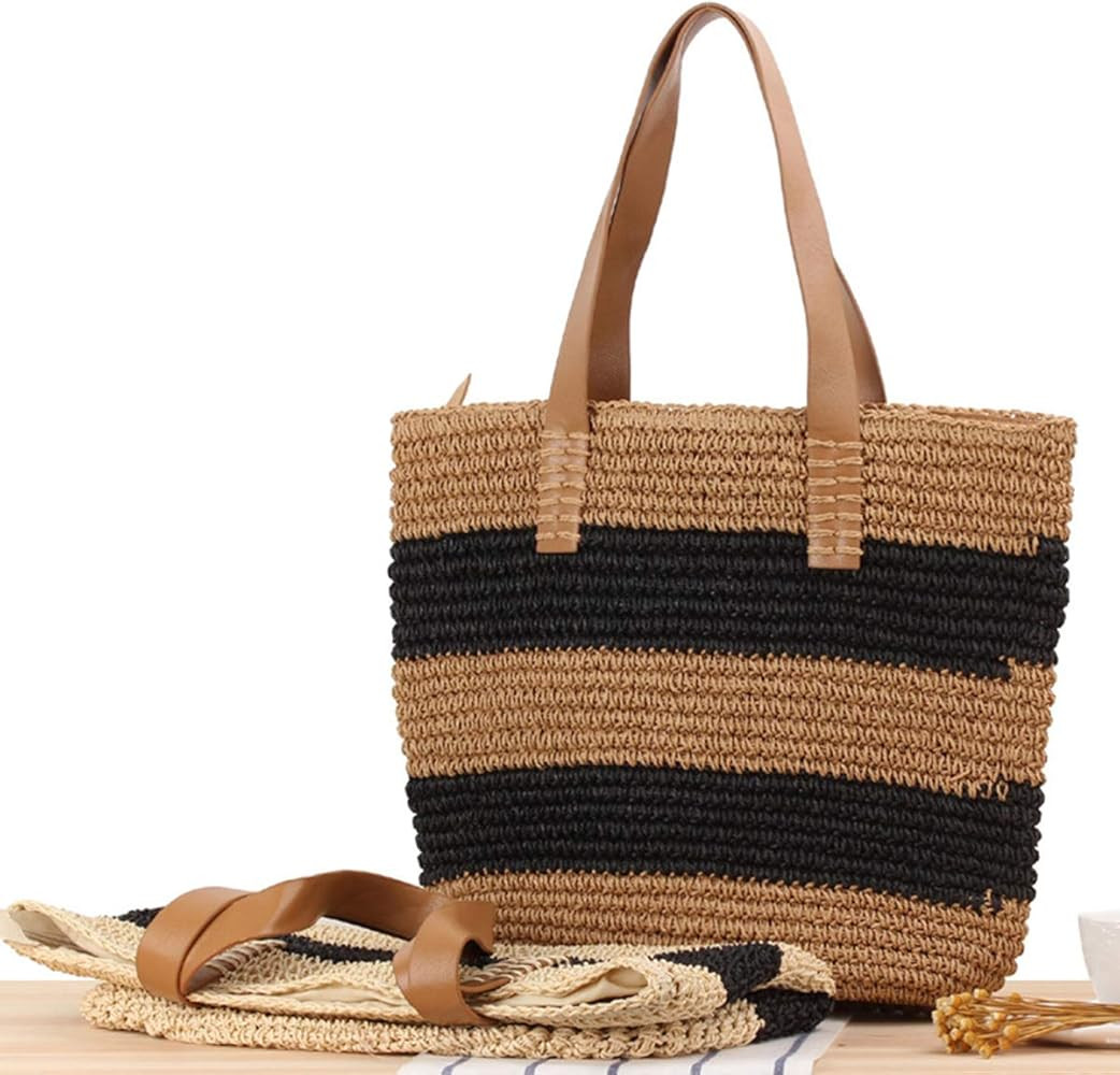 Epsion Straw Beach Bags Tote Tassels Bag Hobo Summer Handwoven Shoulder Bags Purse With Pom Poms | Amazon (US)