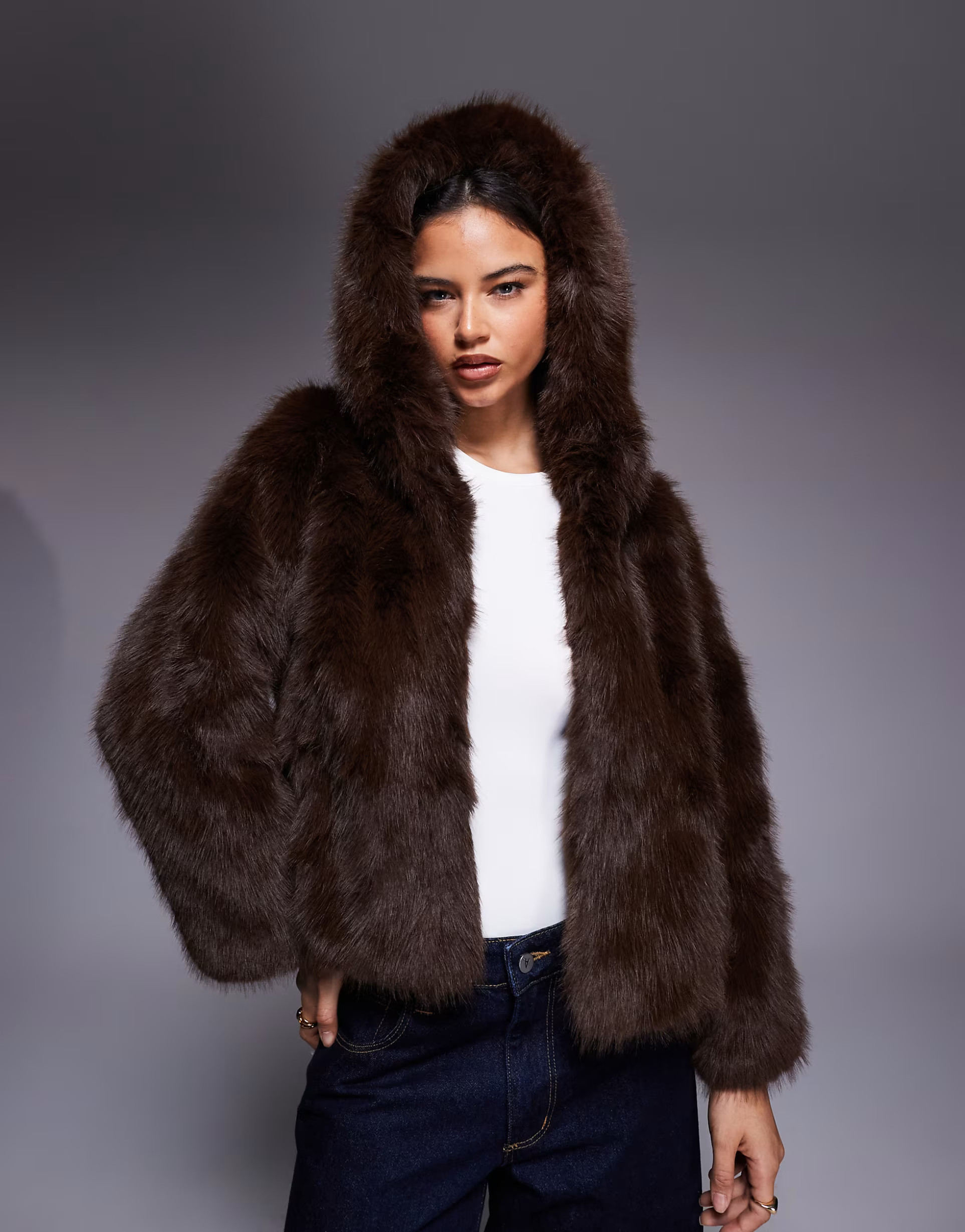 Kiwi & Co Faye faux fur hooded cropped jacket in chocolate | ASOS (Global)