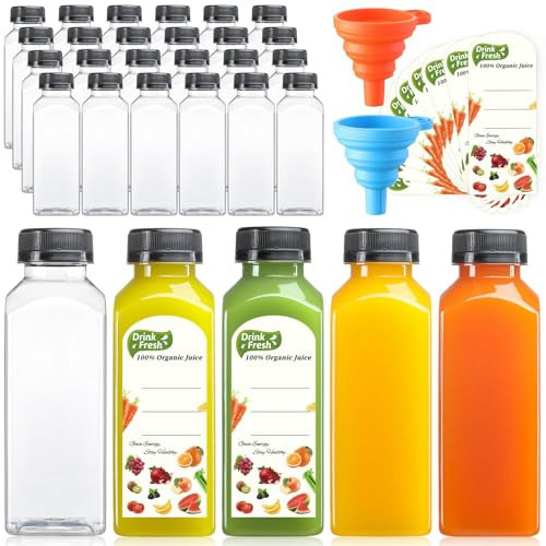 12 Pack, 12 OZ Reusable Plastic Juice Bottles with Caps, Plus 12 Labels & 2 Silicone Funnels - Clear Juicing Bottles for Juice, Smoothies, Ginger, Tea, Coffee - Food Grade & Leakproof Travel Bottles | Amazon (US)