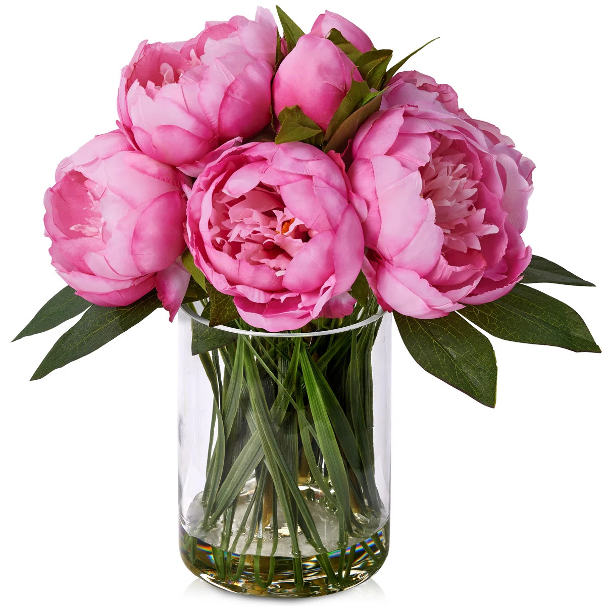 12" Artificial Peony Floral Arrangement In Clear Glass Vase With Realistic Acrylic Water, 10 Life... | Birch Lane