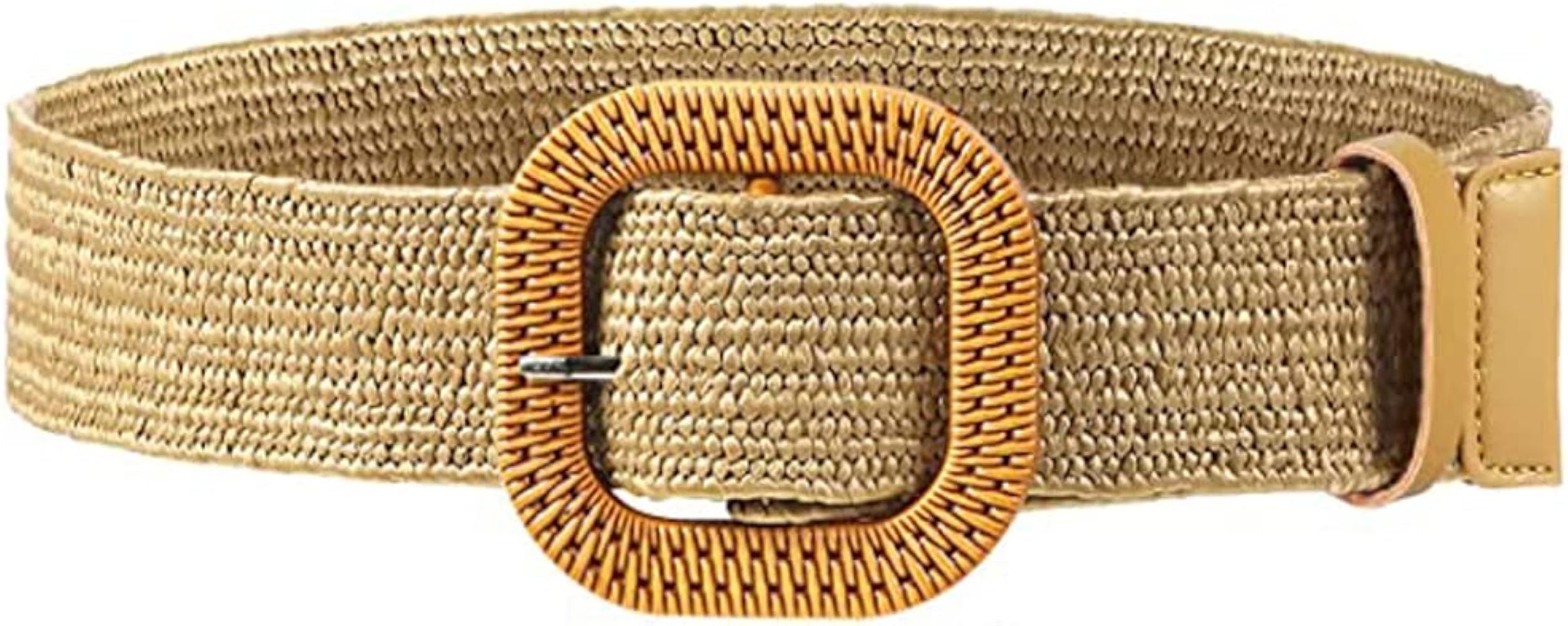 Women Skinny Dress Belt, Fashion Straw Woven Elastic Stretch Waist Band Wood Buckle Belt | Amazon (US)