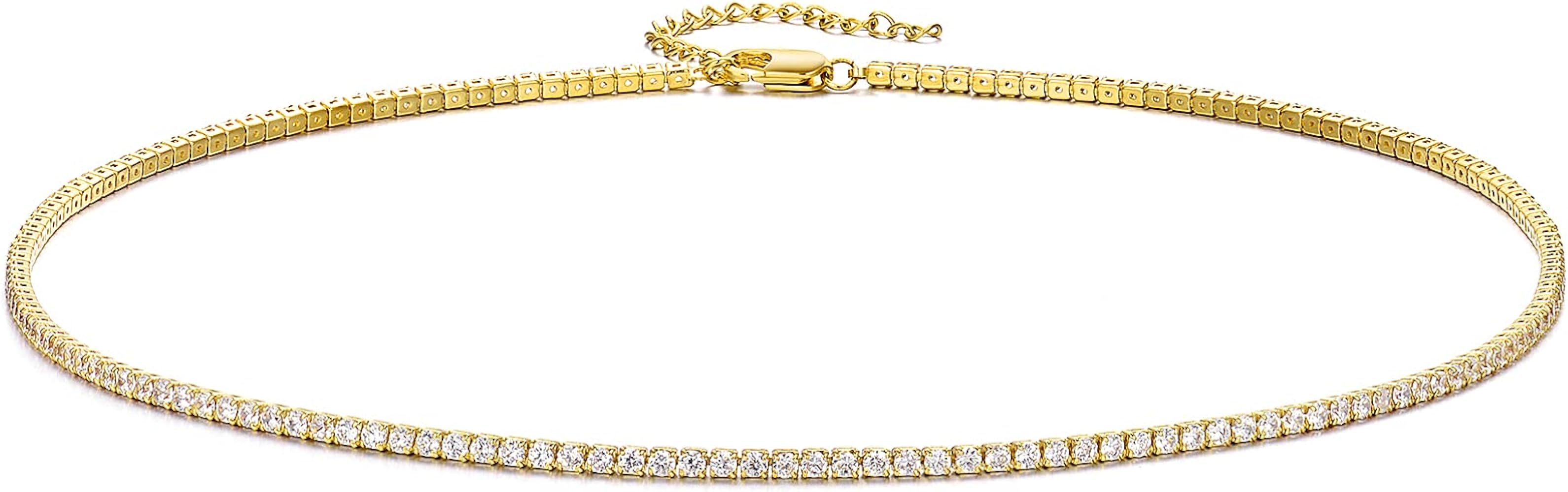 18K Gold/Silver Plated Cubic Zirconia Tennis Necklace Dainty Classic Magnificent Round Tennis Chain  | Amazon (US)