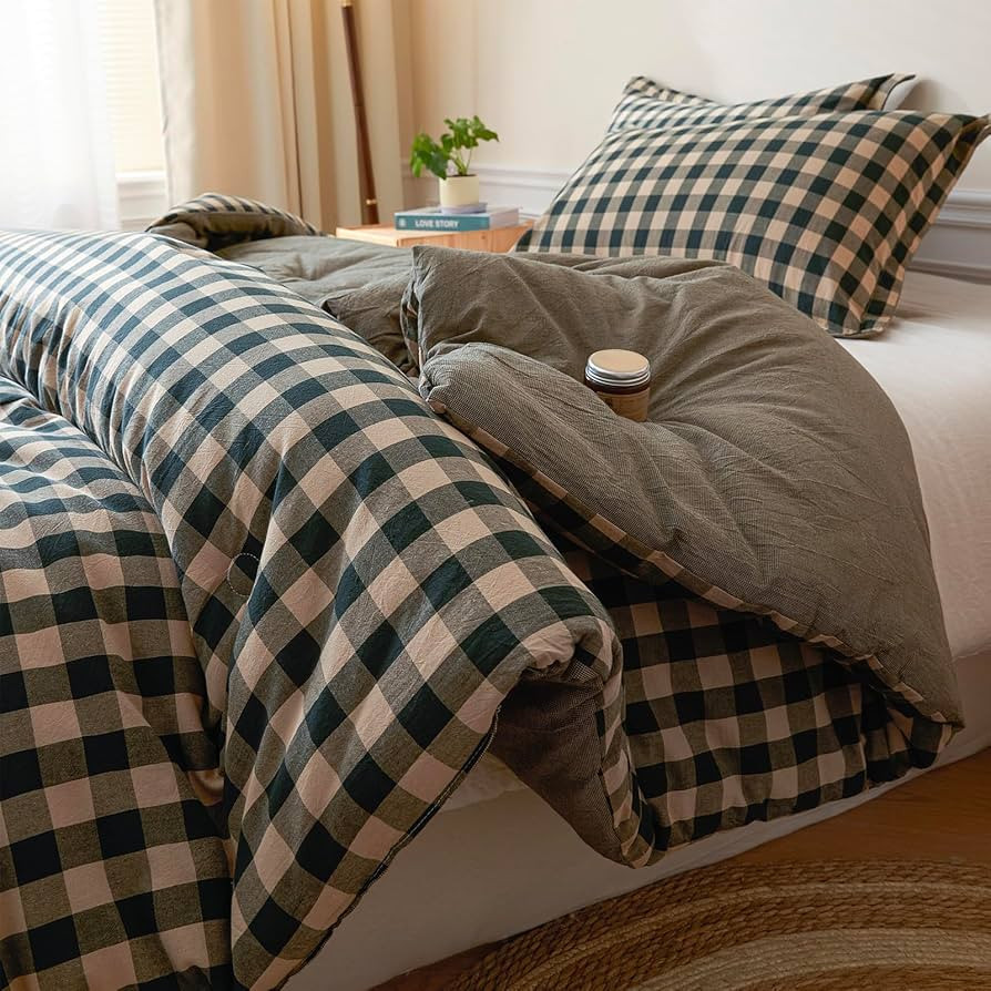 Cyusri Cotton Plaid King Comforter Set - Soft Lightweight Bedding 3 Pieces Dyed Bed Set with 2 Pi... | Amazon (US)