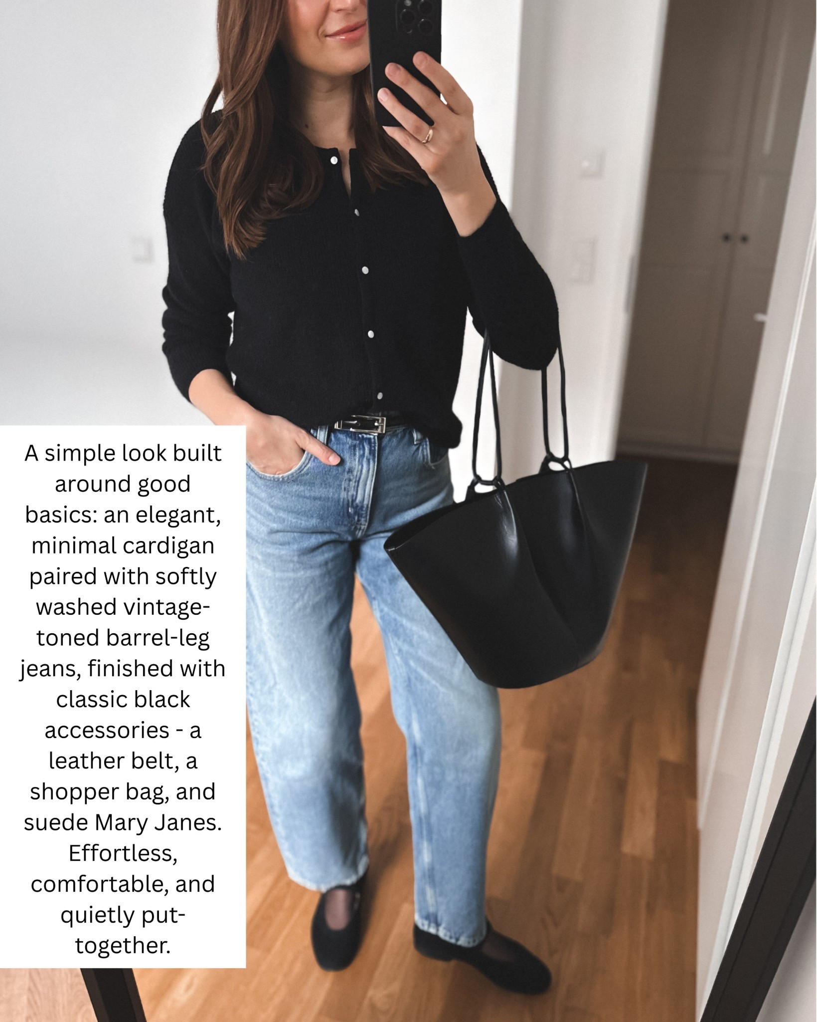 Simple classic look.
Sweater and jeans - slightly oversized, wearing my usual size M/38.
