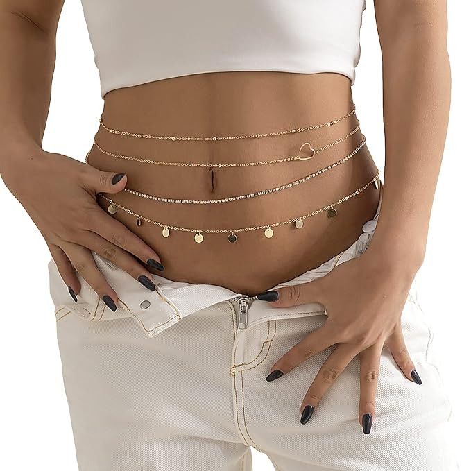 Summer Rhinestone Multilayer Waist Chain Beach Bikini Bead Belly Waist Chain Sequin Waist Belly C... | Amazon (US)