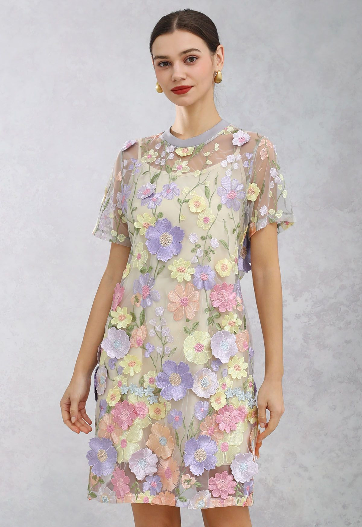 3D Floral Applique Sheer Mesh Cover-Up Dress in Lavender | Chicwish