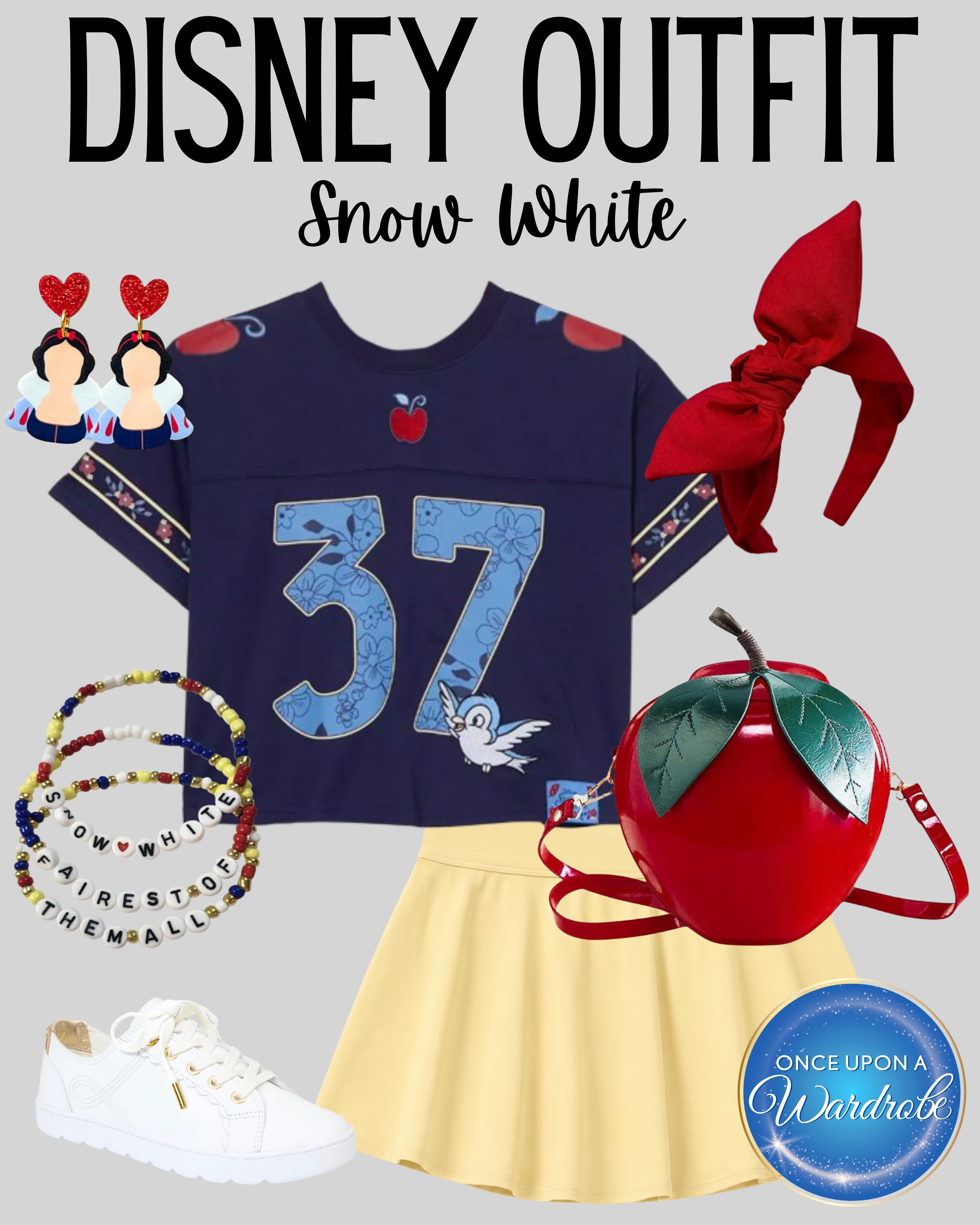 A Snow White-inspired Disney outfit for women with the cutest apple details! The navy jersey top, yellow skort, red bow, apple bag, and comfortable sneakers make this a fun Disneybound outfit for Magic Kingdom, character photos, or a full Disney park day. 

 #LTKootd #LTKmomlife #LTKTravel