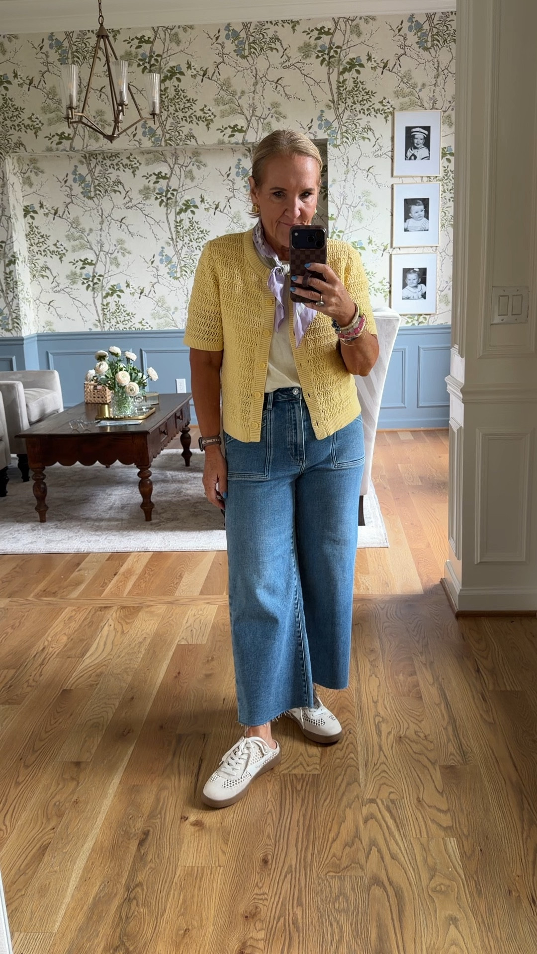 Cropped premium denim size 28 petite 
Cotton cashmere tee size mediim 
Sweater size mediim i’ve also linked a similar. My sweater is pictured as green. Select the yellow on the website  
I did try the Amazon jeans that are similar to these and I didn’t like them. It did run small so if you want to try them size up.
20% off my bracelet stack code NANETTE20


#LTKOver40 #LTKSaleAlert #LTKPetite