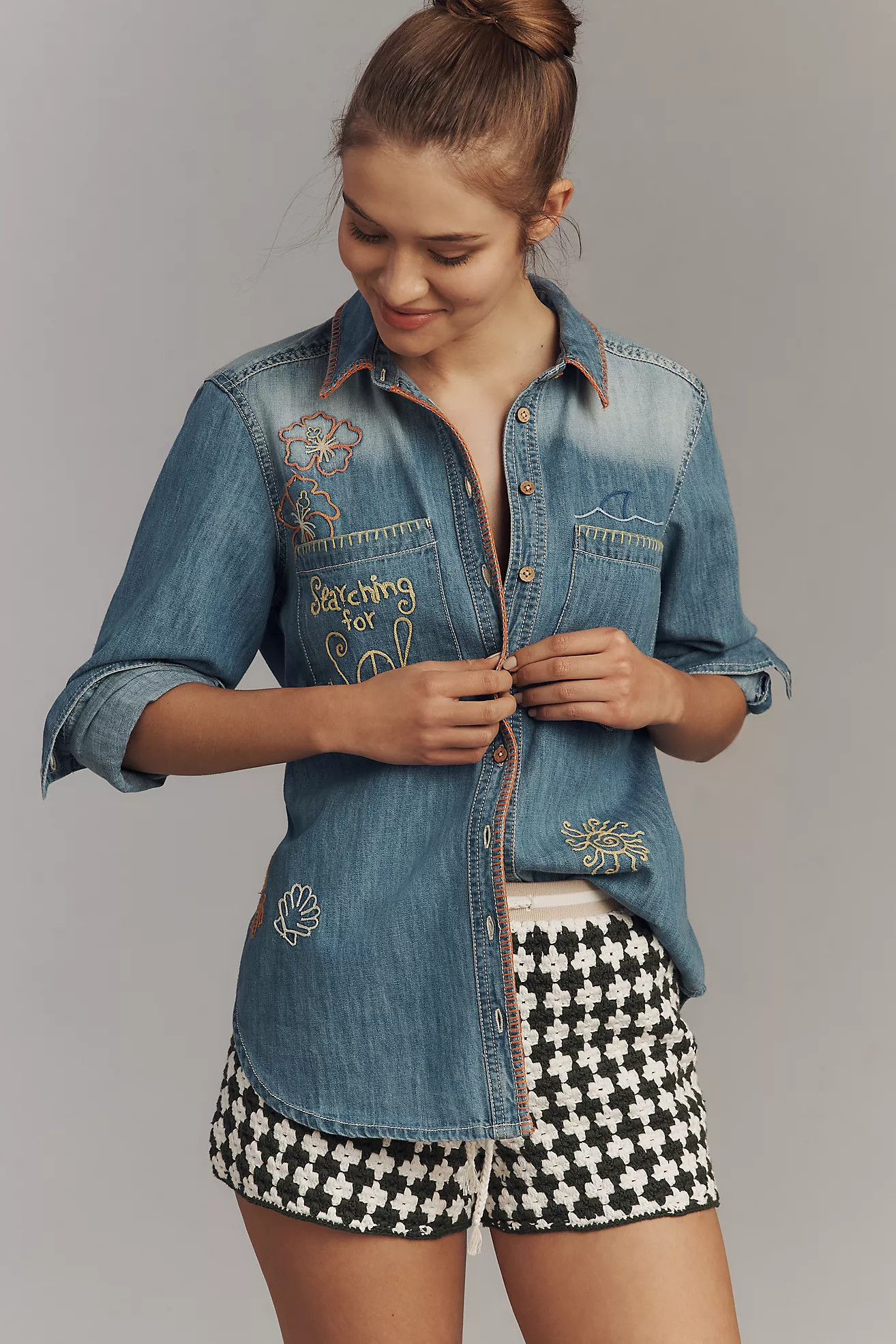 Pilcro Long-Sleeve Embroidered Icon Denim Buttondown Shirt | Anthropologie (US)