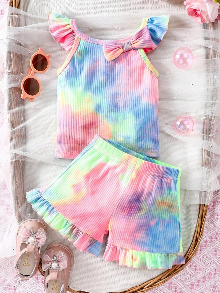 Young Girl's Casual Two Piece Tie Dye Outfit, Including A Round Neck T-Shirt With Flying Sleeves ... | SHEIN