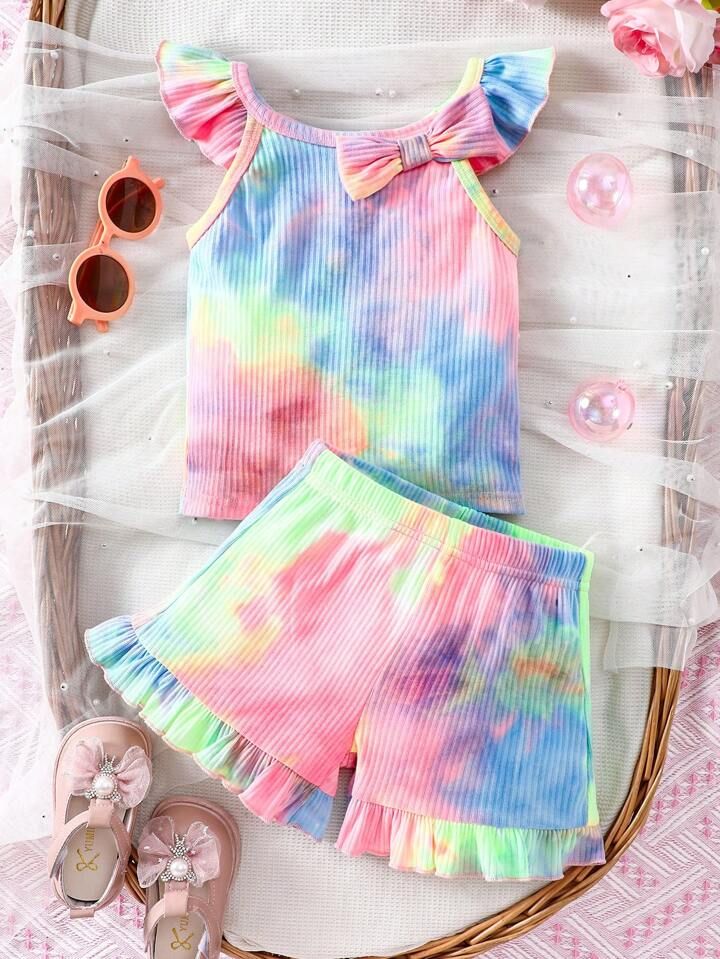 Young Girl's Casual Two Piece Tie Dye Outfit, Including A Round Neck T-Shirt With Flying Sleeves ... | SHEIN