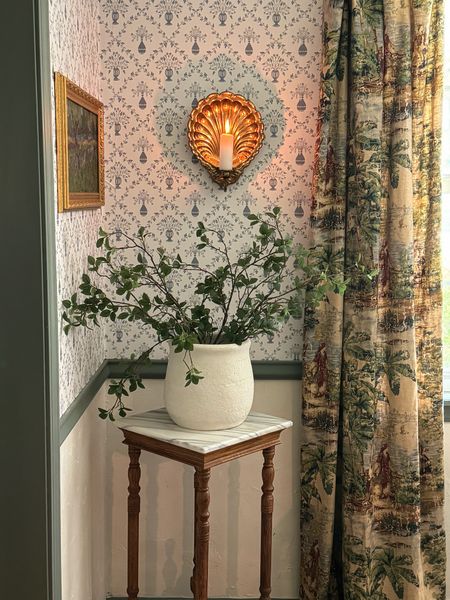 Toile curtains, toile drapes, French country curtain panels, brass candle sconces, vintage brass clam shell sconces, realistic faux greenery stems

#LTKhome #LTKsalealert #LTKSeasonal