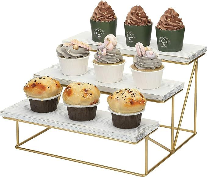 MyGift 3-Tier Whitewashed Wood & Gold Metal Tabletop Cupcake Dessert Display Riser Rack Stand | Amazon (US)
