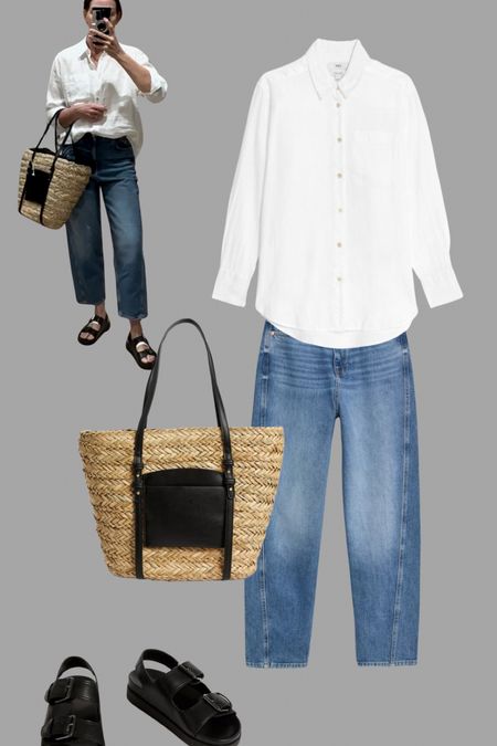 Summer essentials at M&S. white linen shirt with the viral carrot jeans, plus a basket bag and chunky sandals.