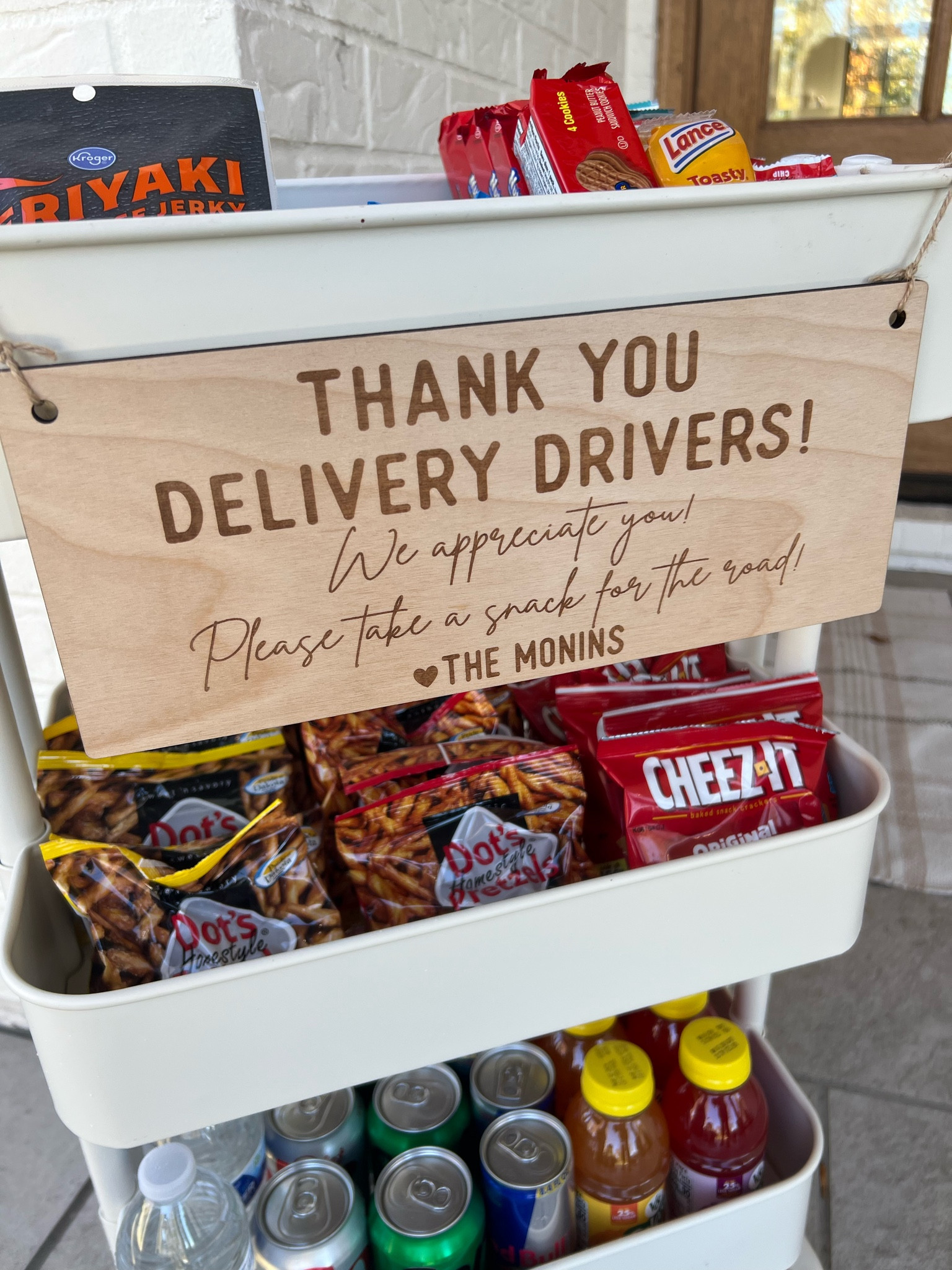 Delivery driver thank you cart, drinks, snacks, sweets, personalized hanging sign

#LTKHoliday #LTKSeasonal #LTKhome
