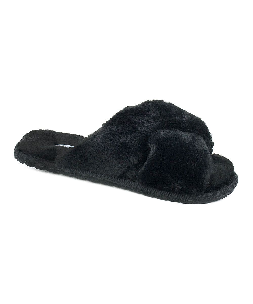 Room of Fashion Women's Slippers Black - Black Dearly Faux Fur Slipper - Women | Zulily