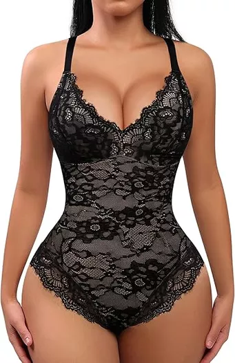 Lace Shapewear Bodysuit for Women Tummy Control Backless Body Shaper V-neck  Sexy Lingerie Lace Briefer 