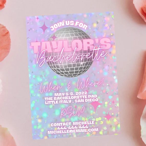 Holographic Disco Bachelorette Itinerary, Sparkle Neon Text Bachelorette Invitation Invite, Insta... | Etsy (US)