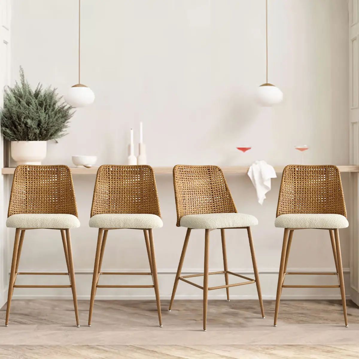 Nice Boucle Stool with Rattan Backrest(Set Of 4) | The Pop Maison