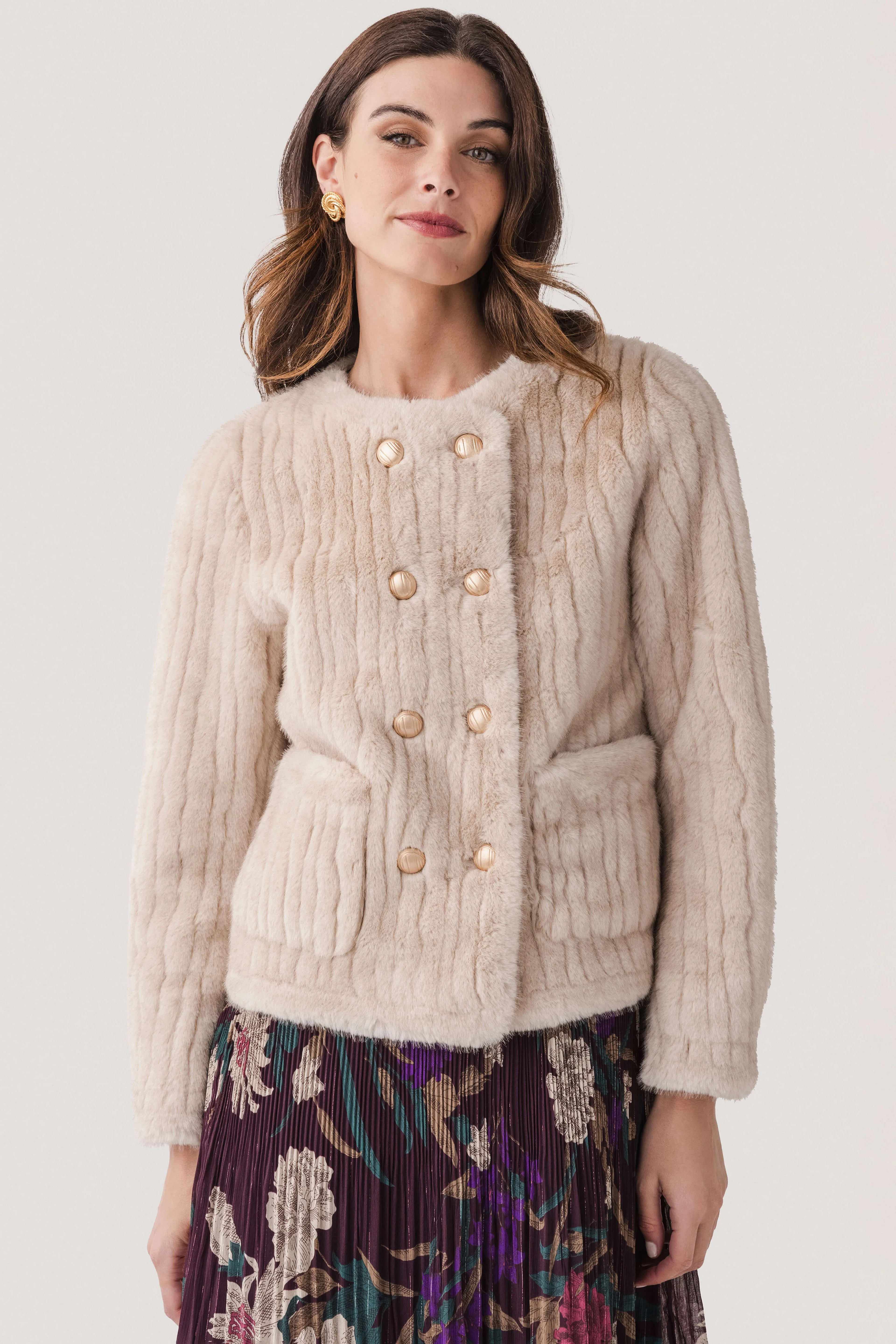 Molly Bracken Faux Fur Gold Button Jacket | Social Threads