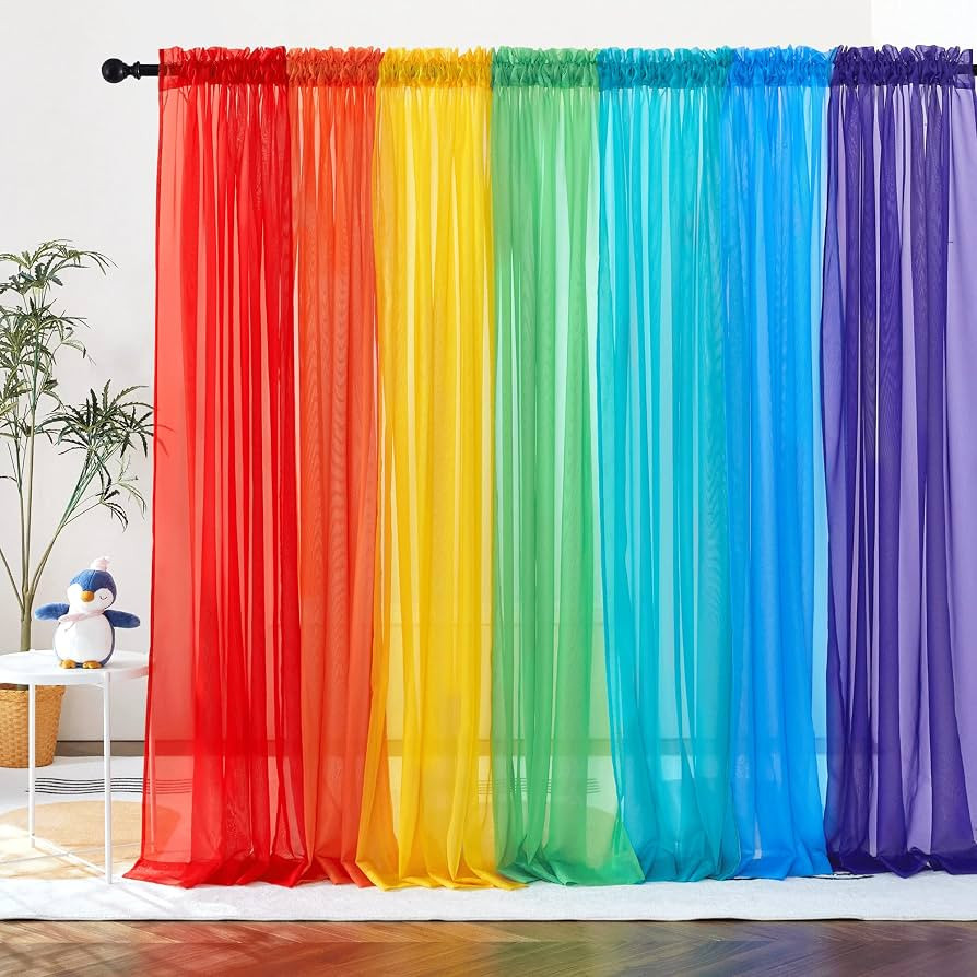 PONY DANCE 7 Pieces Rainbow Sheer Curtains - Colorful Backdrop Bright Drape Set for Playroom,Nurs... | Amazon (US)