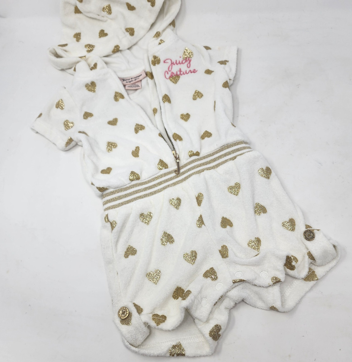 Juicy Couture Baby Girl Zip Up Terry Hood Romper White with Gold Hearts Size 12M | eBay US