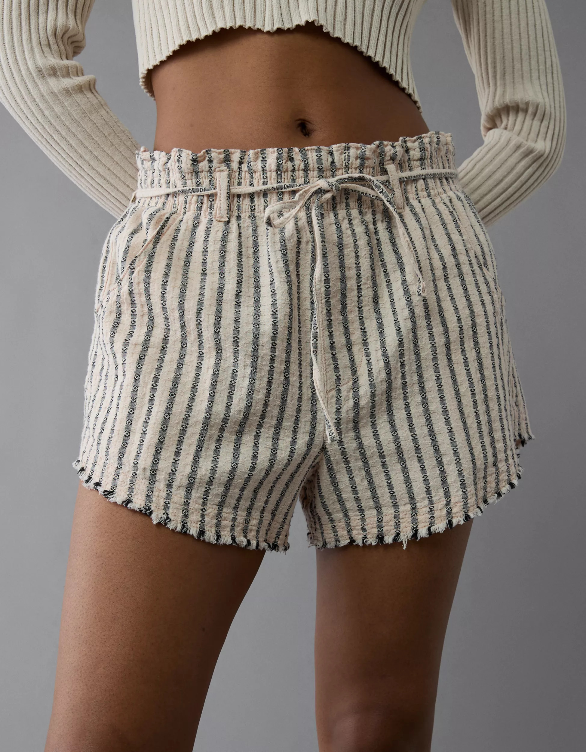 AE High-Waisted Paperbag Waist Striped Short | American Eagle Outfitters (US & CA)