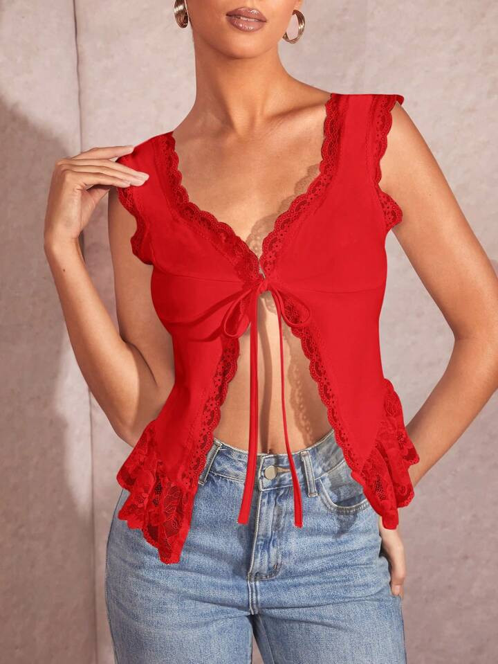 SHEIN BAE Solid Color Lace Trim Front Tie Tank Top For Dating And Daily Wear | SHEIN