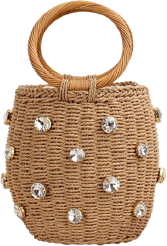 NIBD Flower Pearls Rattan Tote Bag Summer Beach Drawstring Straw Bucket Bag Diamonds Woven Handba... | Amazon (US)