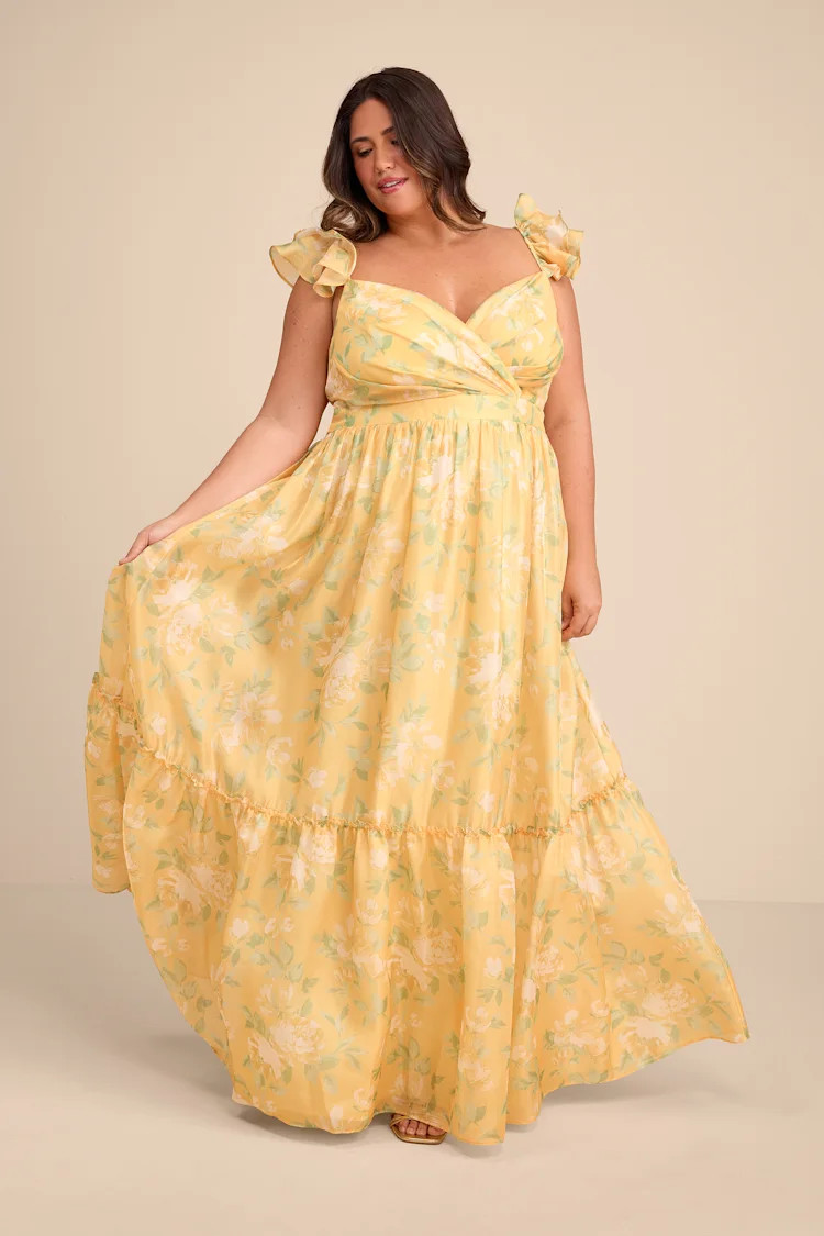 Soiree Perfection Yellow Floral Ruffled Tiered Maxi Dress | Lulus