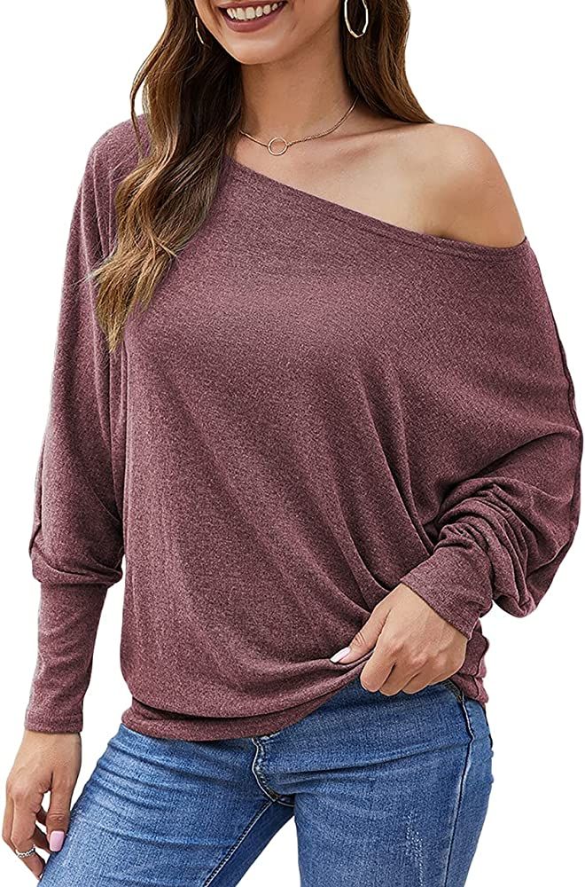 Aifer Women's Off The Shoulder Tops Sexy Oversized Long Sleeve Shirts Batwing Pullover Sweater Jumpe | Amazon (US)