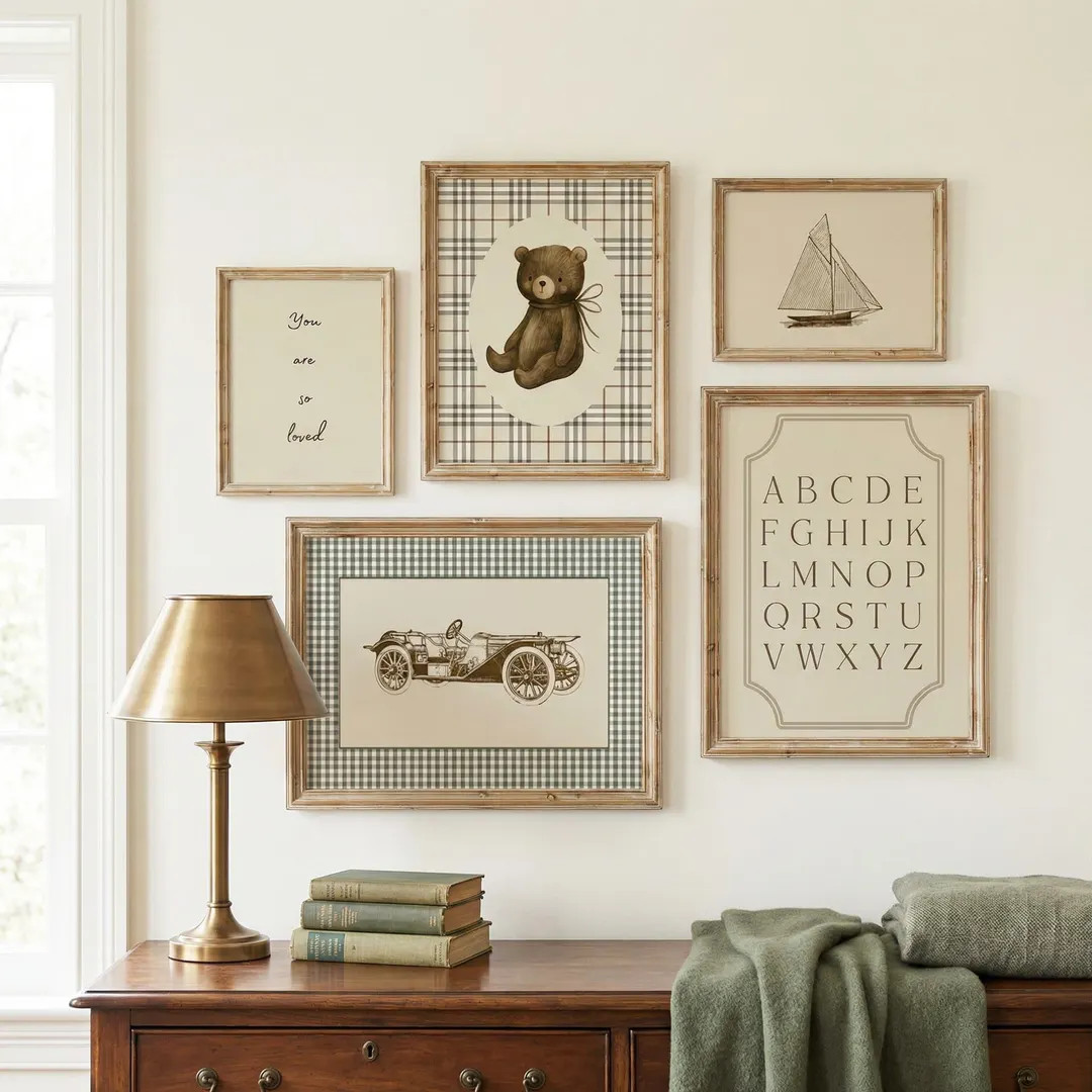 Neutral Nursery Wall Art Set, Vintage Bear Car Alphabet Prints, Kids Room Decor, Baby Boy Room Po... | Etsy (US)