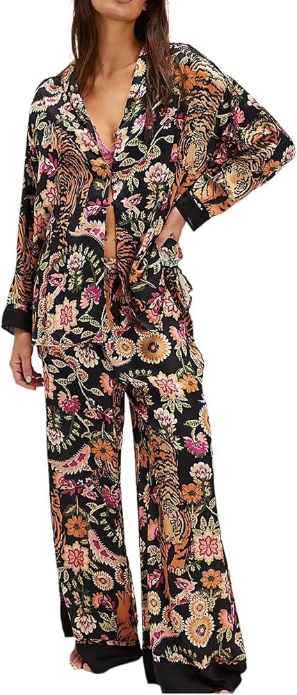 Arssm Satin Pajama Set for Women Silk Pajamas Set 2 Piece Floral Pj Set Long Sleeve Button Down Pjs Sleepwear | Amazon (US)