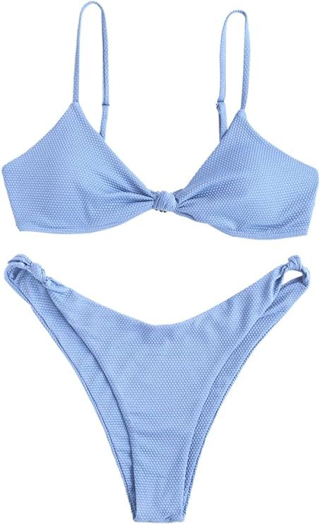 ZAFUL Women's Tie Knot Front Spaghetti Strap High Cut Bikini Set Swimsuit | Amazon (US)