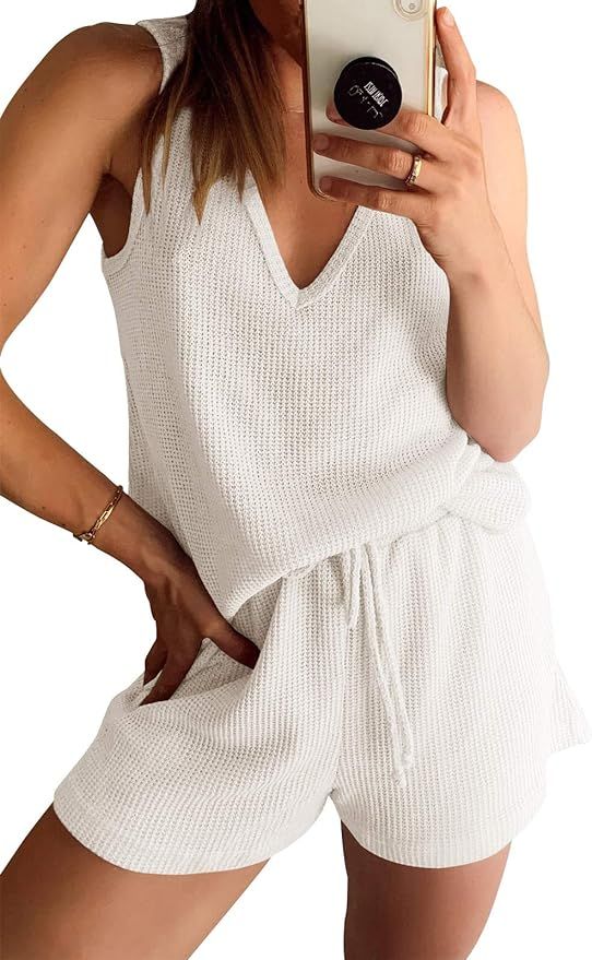 YIBOCK Women's Sleeveless Lounge Set Knit Casual V Neck Tank Top and Shorts 2 Piece Pajamas Set N... | Amazon (US)