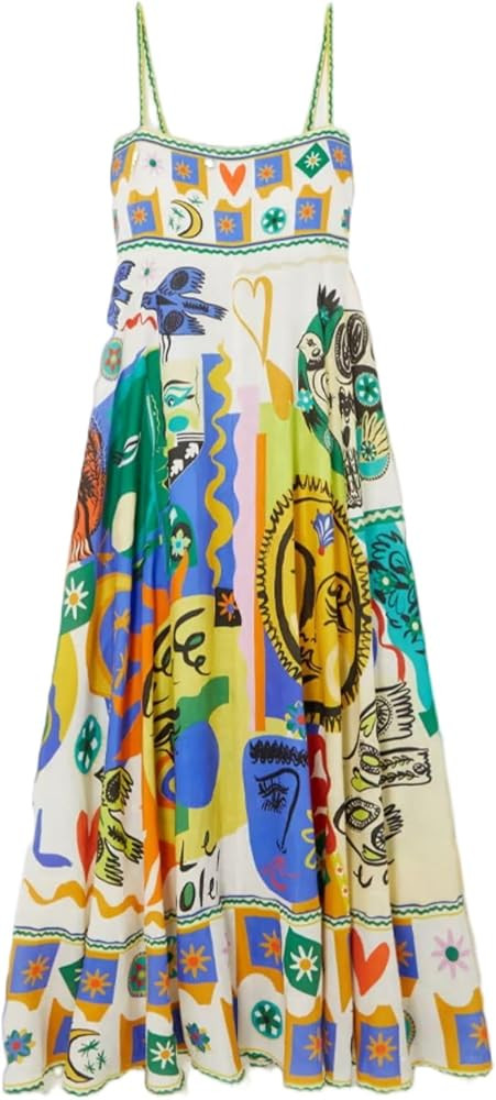 Women Boho Flowy Graffiti Long Aline Sundress Graphic Square Neck Sleeveless Spaghetti Strap Y2K ... | Amazon (US)